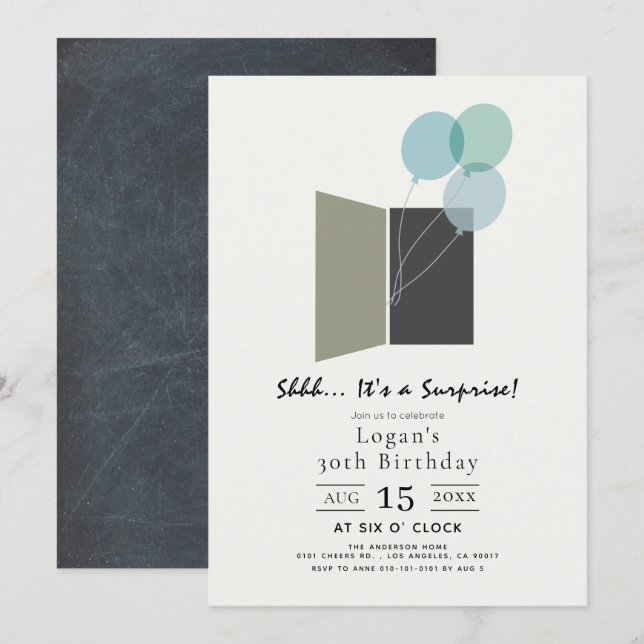 Invitation Ballons Bleu Surprise fête d'anniversaire (Devant / Derrière)