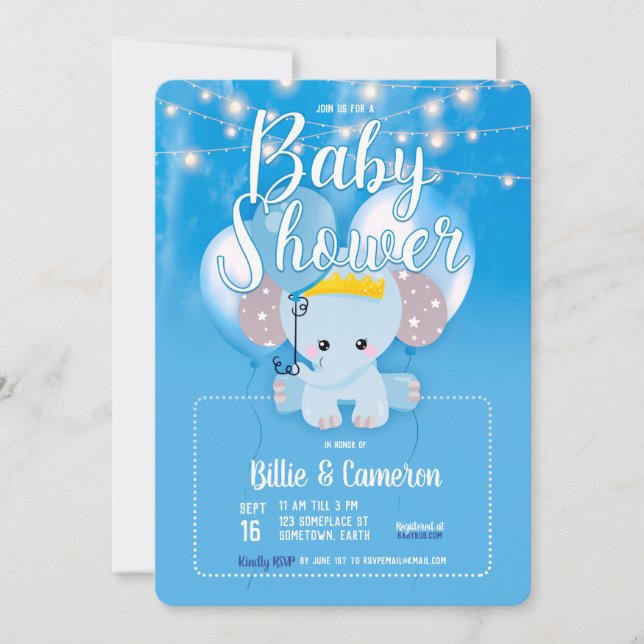 Invitation Ballons Bleus Baby Elephant Script Baby shower (Devant)