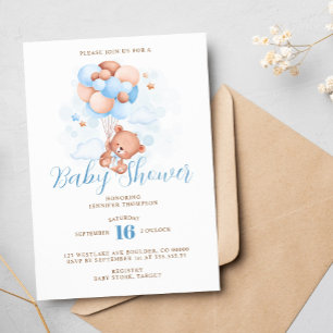Invitation Ballons Bleus Baby shower Ours en Teddy