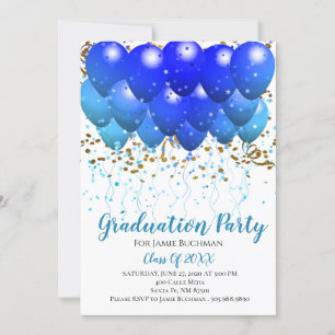 Invitation Ballons Bleus Bleus Gold Confetti Blanc