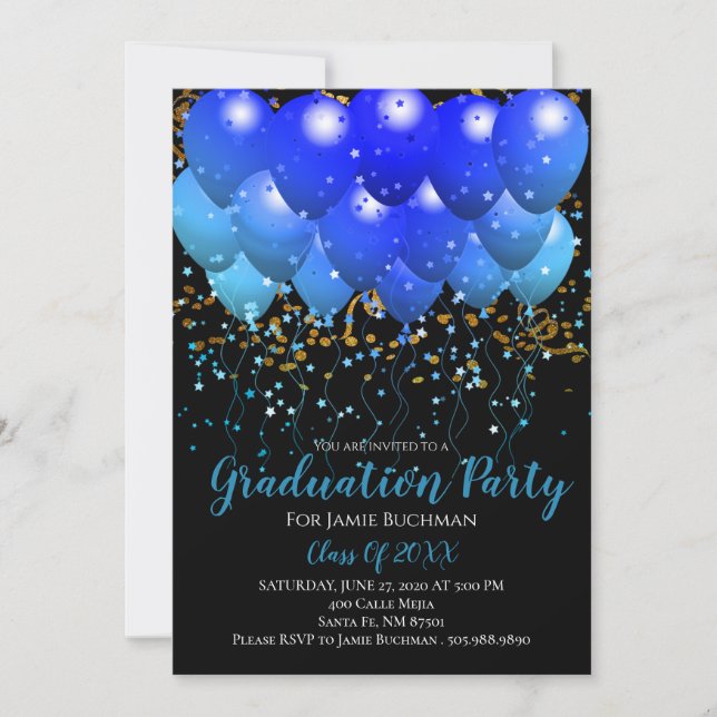 Invitation Ballons Bleus Bleus Gold Confetti Noir (Devant)
