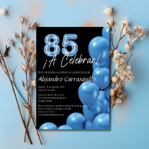 Invitation Ballons Bleus Espagnol Noir fin 85e anniversaire