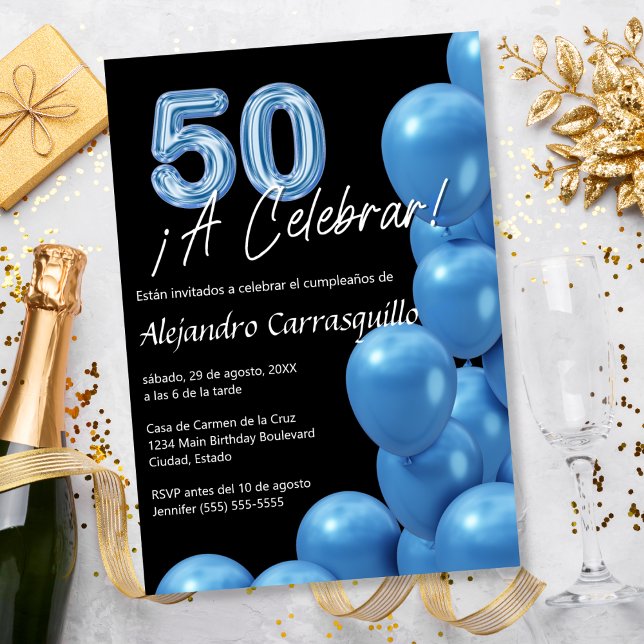 Invitation Ballons Bleus Espagnols Pas Chers Anniversaire 50  (Créateur téléchargé)