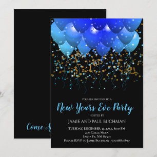 Invitation Ballons bleus Gold Confetti Nouvel An noir