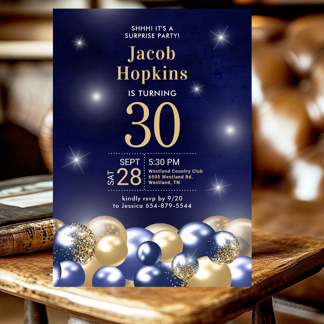 Invitation Ballons bleus marine et or pour 30e anniversaire s (Créateur téléchargé)