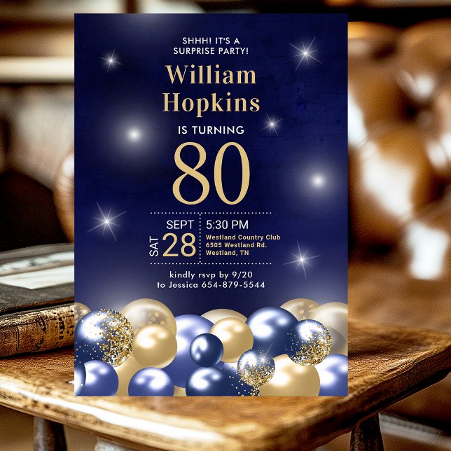Invitation Ballons bleus marine et or pour 80e anniversaire s (Créateur téléchargé)