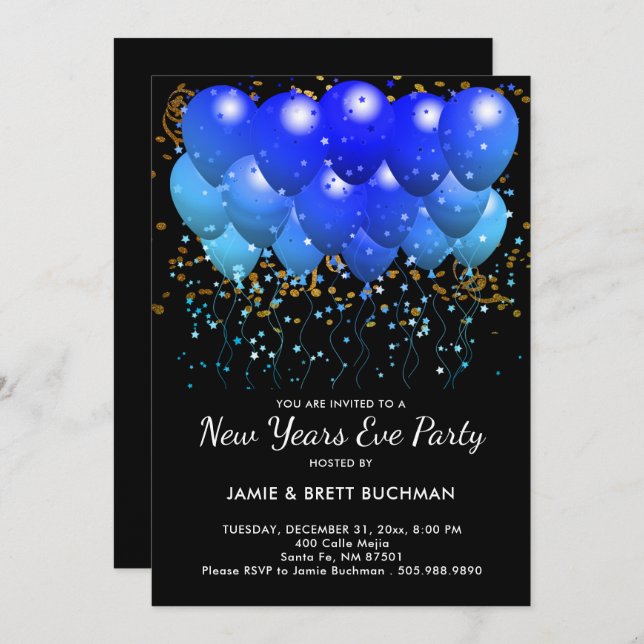 Invitation Ballons Bleus Néon Et Confettis Or Sur Noir (Devant / Derrière)