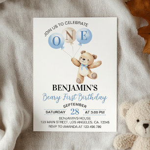 Invitation Ballons Bleus Ours Teddy Béary Premier anniversair