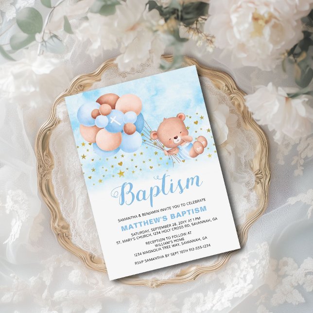Invitation Ballons Bleus Ours Teddy Or Étoiles Baptême (This cute baptism invite for boys features an adorable teddy bear being whisked away by balloons.)