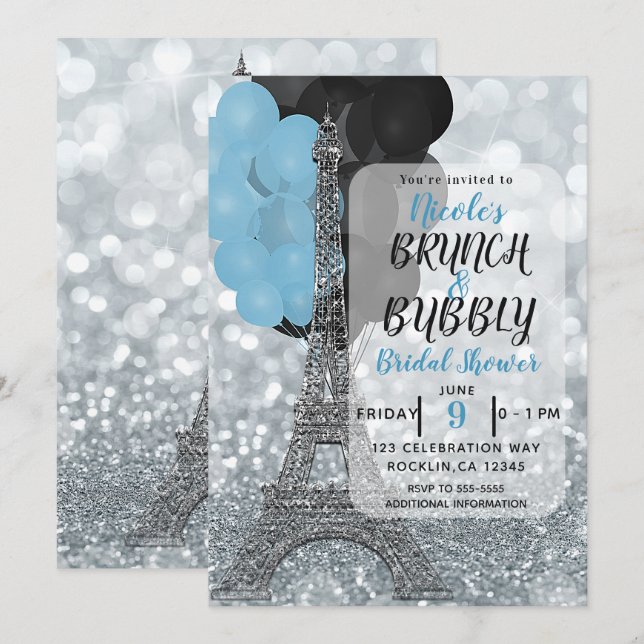 Invitation Ballons Bleus Pailletés Argent Tour Eiffel Paris (Devant / Derrière)