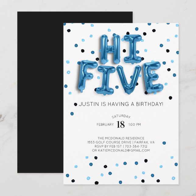 Invitation Ballons bleus | Salut Cinq 5e anniversaire (Devant / Derrière)