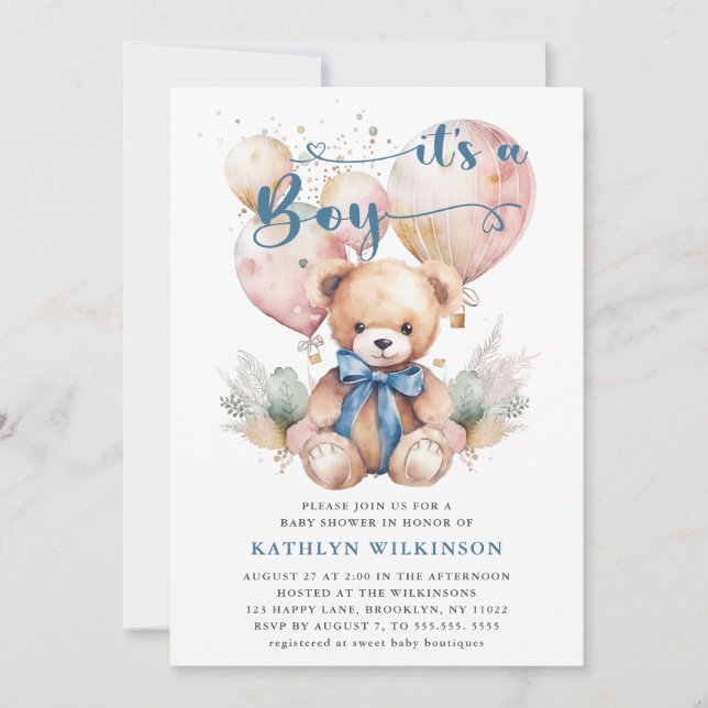 Invitation Ballons Bleus Teddy Bear Cute Boy Baby shower (Devant)