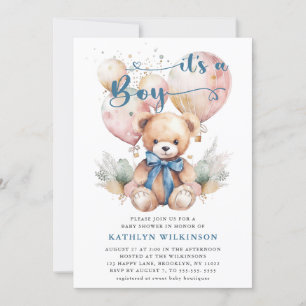 Invitation Ballons Bleus Teddy Bear Cute Boy Baby shower
