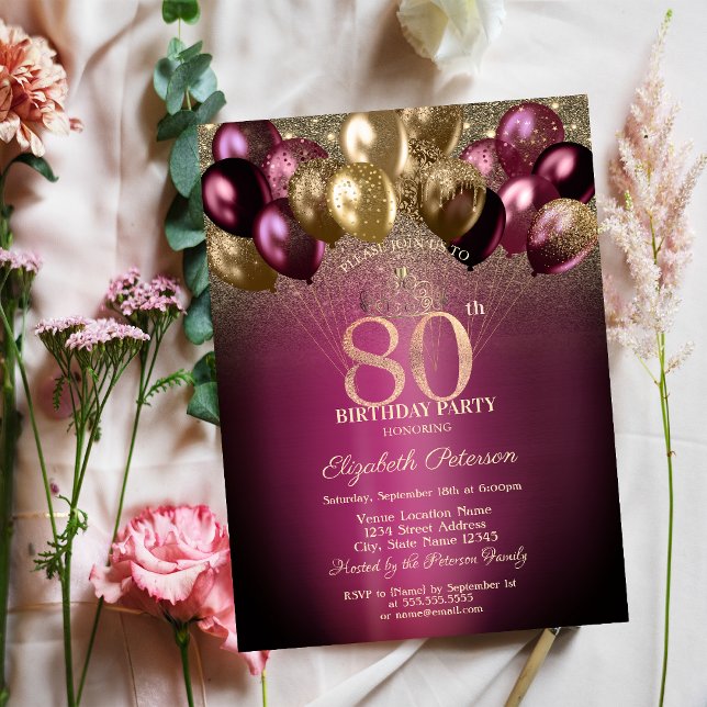 Invitation Ballons Bourgogne Paillettes 80 ans Anniversaire (Créateur téléchargé)
