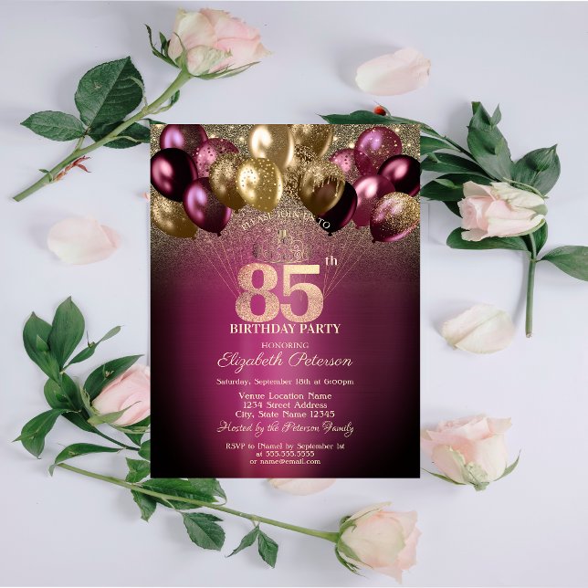 Invitation Ballons Bourgogne Paillettes 85e Anniversaire (Créateur téléchargé)