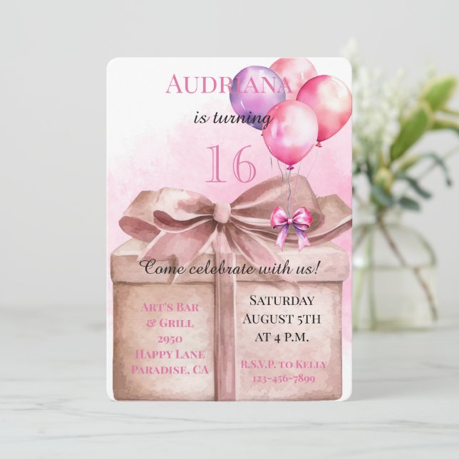 Invitation Ballons cadeaux Bow 16e anniversaire (Debout devant)