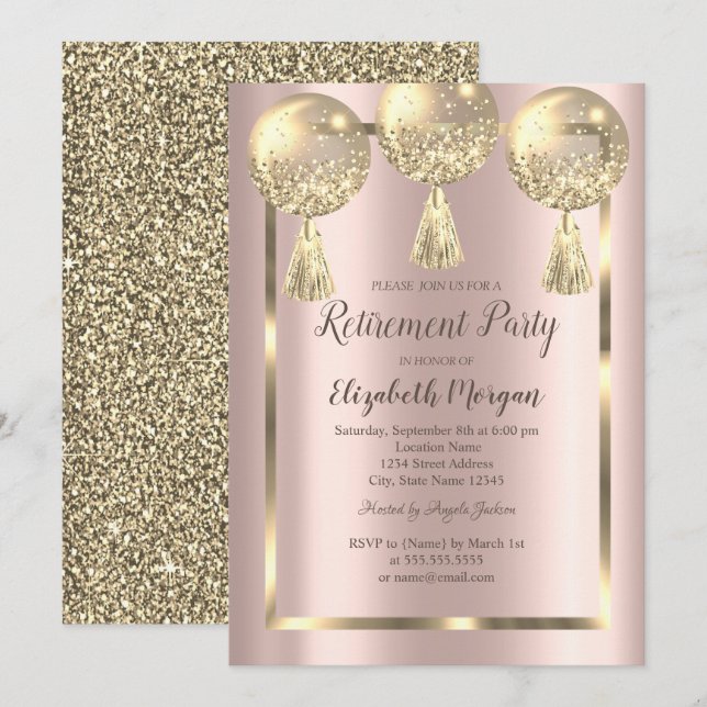 Invitation  Ballons,Cadre,Rose Gold,Paillettes dorées Retrait (Devant / Derrière)