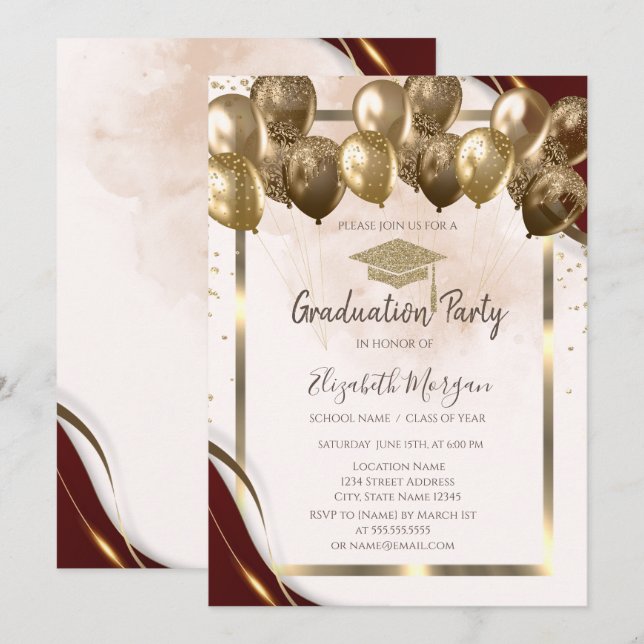 Invitation Ballons Casquettes Gold Grad Burgundy Burgundy Gra (Devant / Derrière)