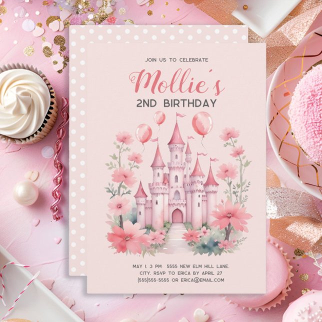 Invitation Ballons Château Princesse Rose 2ème Anniversaire (Pink princess castle little girl's 2nd birthday party invitation)