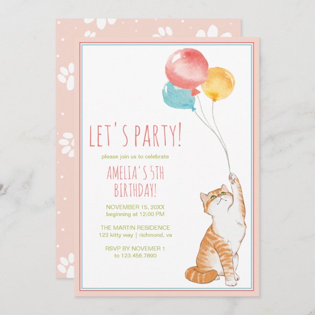 Invitation Ballons chats chats mignons | Fun Rose Girls Anniv (Devant / Derrière)