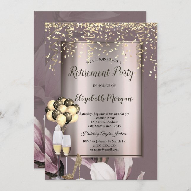 Invitation Ballons Chic, Départ Des Fleurs De Confetti Or (Devant / Derrière)