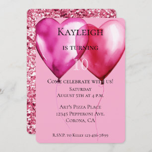 Invitation Ballons Coeur Rose Anniversaire