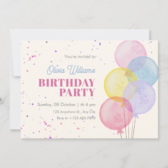 Invitation Ballons Coloré pastel aquarelle anniversaire (Devant)