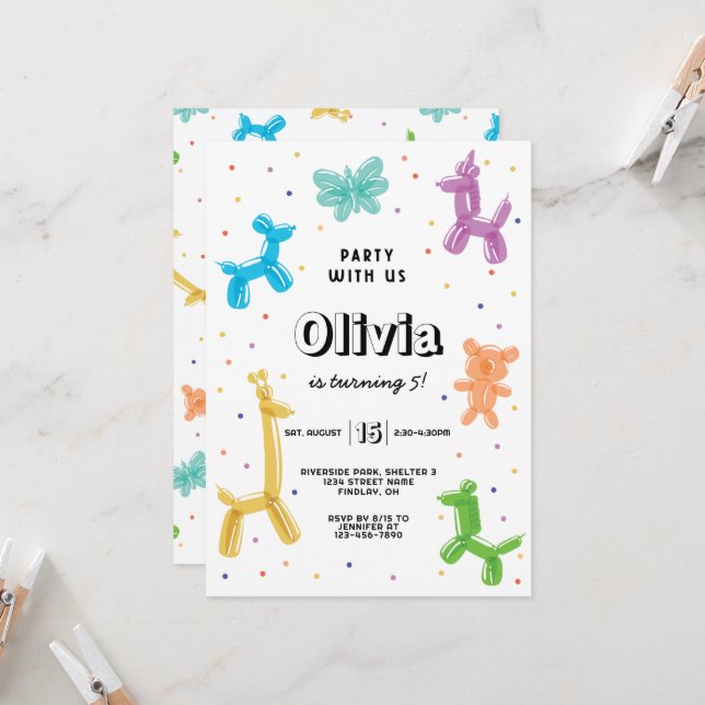 Invitation Ballons colorés Animaux Fête d'anniversaire, à tou (Devant/Arrière en situation)