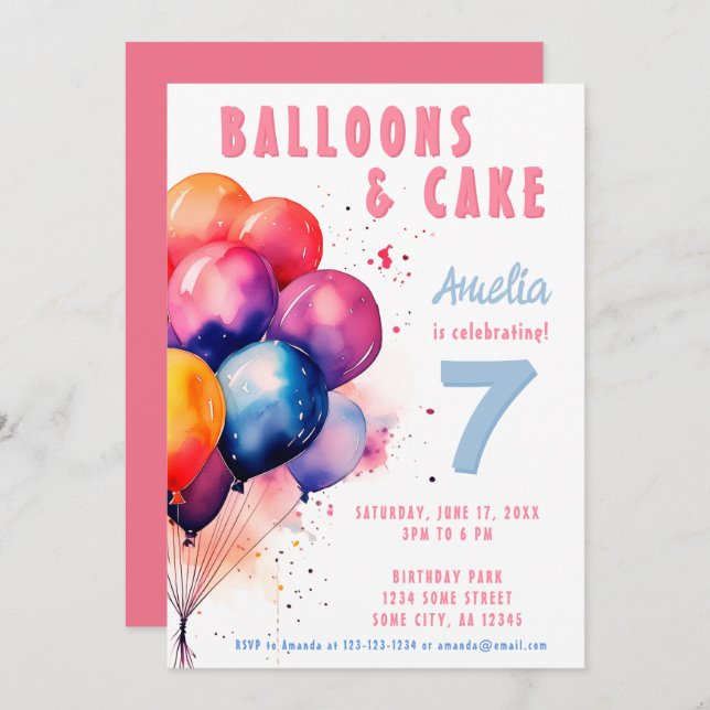 Invitation Ballons colorés Aquarelle Anniversaire de enfant (Devant / Derrière)
