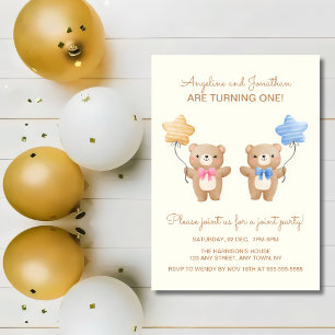 Invitation Ballons colorés Bear Twin Joint Anniversaire