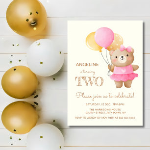 Invitation Ballons colorés mignon ours fille 2e anniversaire