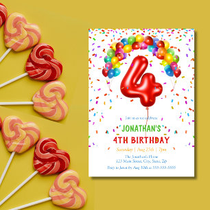 Invitation Ballons Confetti lumineux colorés 4e anniversaire