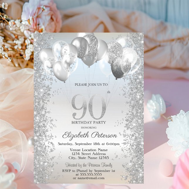 Invitation Ballons Confetti Parties scintillant d'argent 90e  (Créateur téléchargé)
