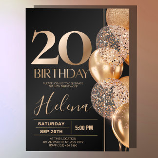 Invitation Ballons Confettis Fête Luxeuse 20e Anniversaire