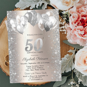 Invitation Ballons Confettis Pailletés Champagne 50e Annivers