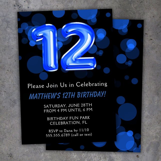 Invitation Ballons d'anniversaire 12 ans enfants bleu garçon  (Créateur téléchargé)
