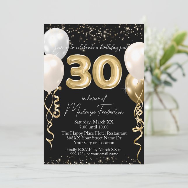 Invitation Ballons d'anniversaire 30 ans en or sur fond noir (Debout devant)