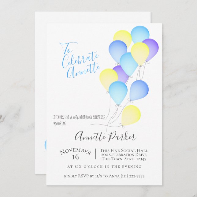 Invitation Ballons d'anniversaire 50e fête d'anniversaire (Devant / Derrière)