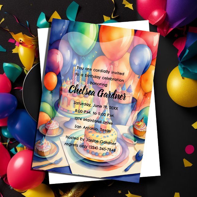 Invitation Ballons d'anniversaire à l'aquarelle Gâteaux color (Créateur téléchargé)