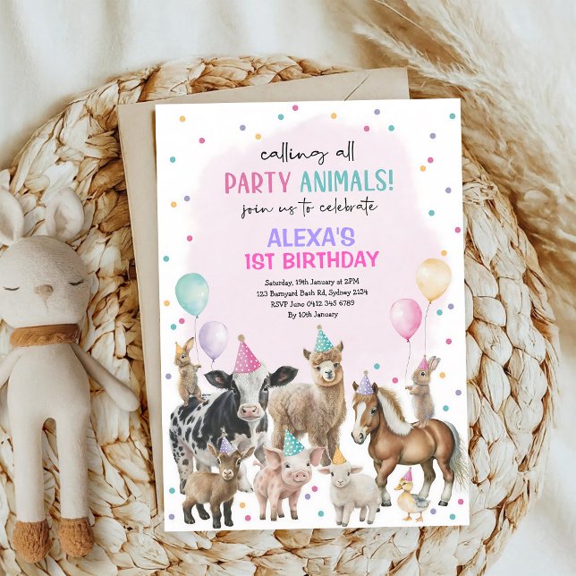 Invitation Ballons d'anniversaire d'animaux de ferme rose vio (Créateur téléchargé)