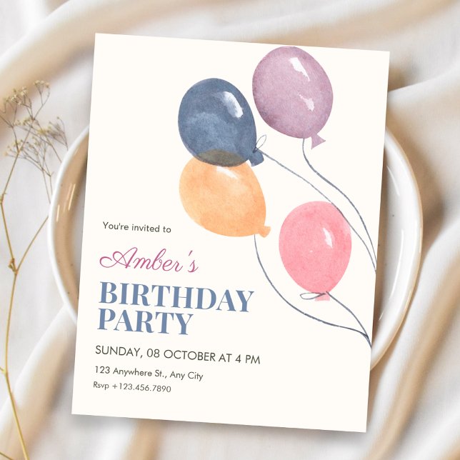 Invitation Ballons d'anniversaire minimalistes (Créateur téléchargé)