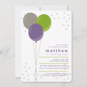 Invitation Ballons d'anniversaire violets, verts et gris