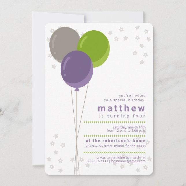 Invitation Ballons d'anniversaire violets, verts et gris (Devant)