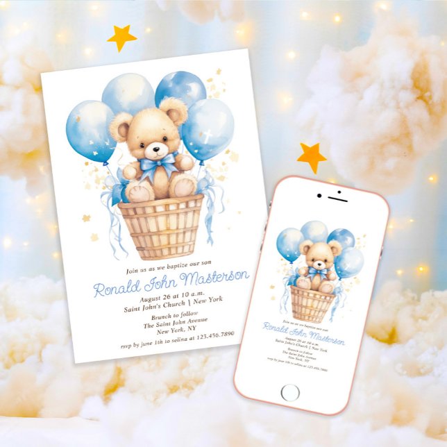 Invitation Ballons d'aquarelle avec ours en peluche Baptême g (Créateur téléchargé)