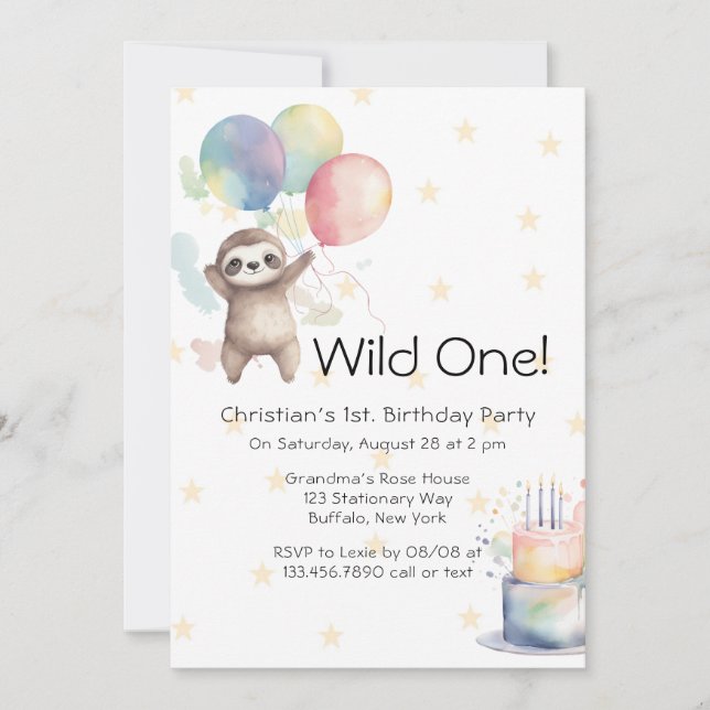 Invitation Ballons d'aquarelle mignonne Sloth Wild un anniver (Devant)