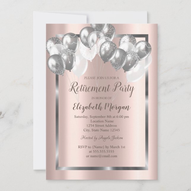 Invitation Ballons d'argent chic, Cadre, Or Rose, Retrait (Devant)