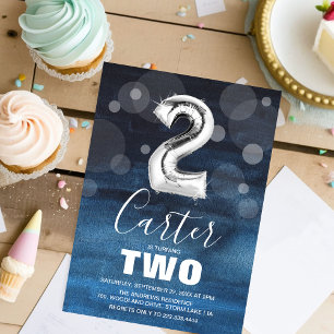 Invitation Ballons d'argent du 2e anniversaire   Blue Party
