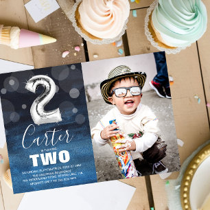 Invitation Ballons d'argent du 2e anniversaire   Blue Photo P