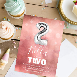 Invitation Ballons d'argent du 2e anniversaire   Fille rose