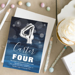 Invitation Ballons d'argent du quatrième anniversaire   Blue 